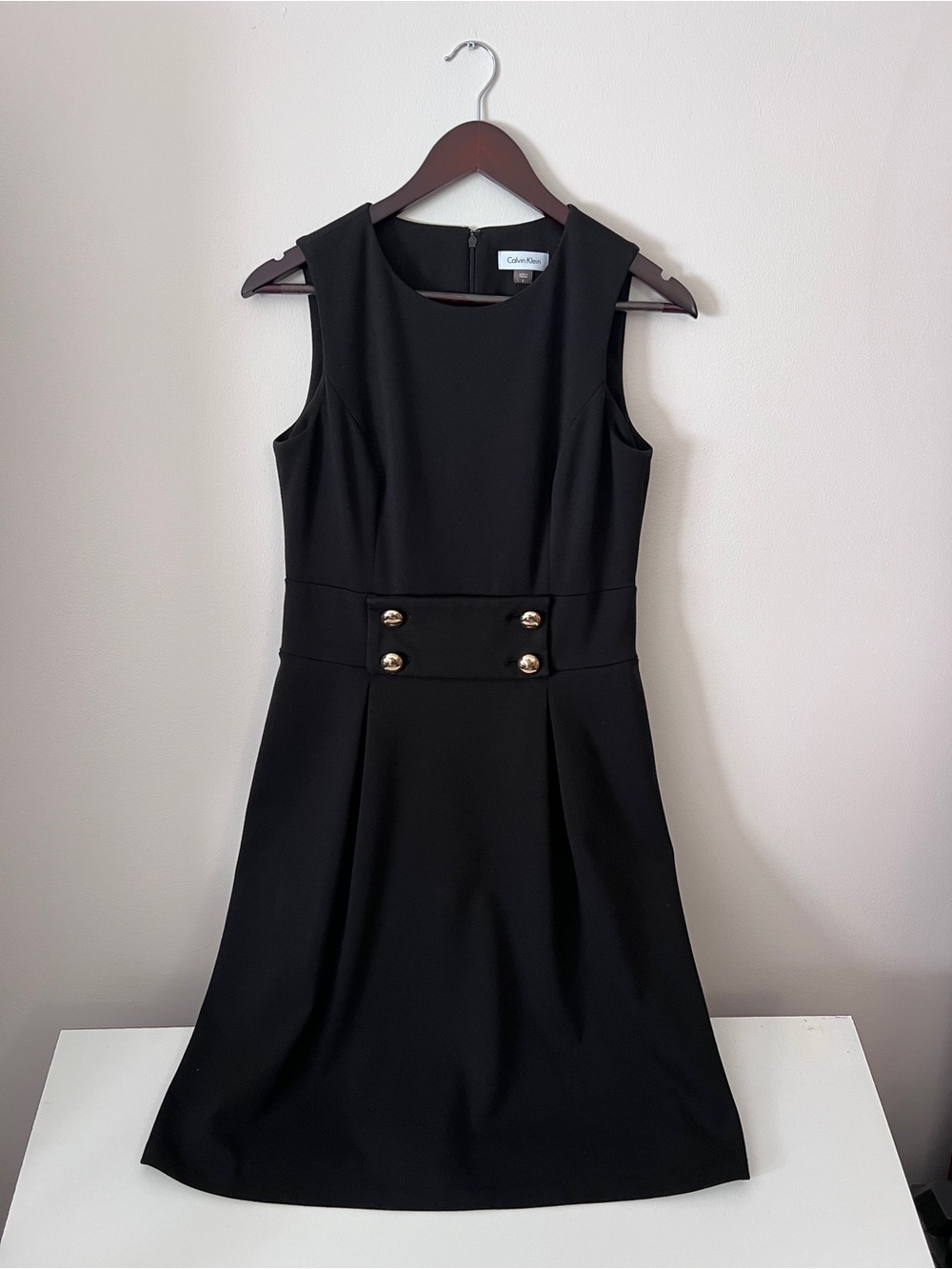 Calvin Klein Black Sleeveless Sheath Dress with Gold Buttons